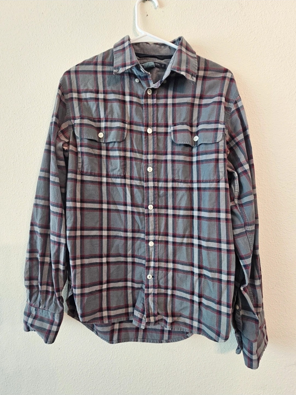 French Connection Gray Plaid Button-Down Shirt with Maroon Accents